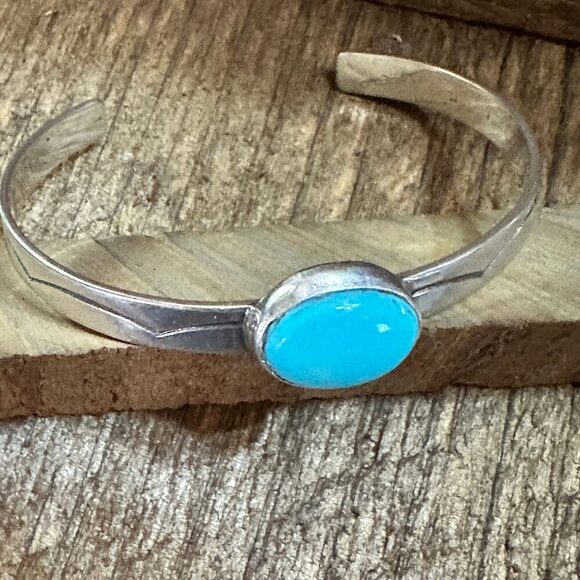 Navajo Sterling Cuff & Kingman Turquoise Cuff Bracelet, Signed - Picture 3 of 7